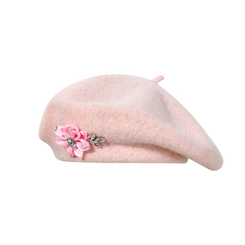 Beret French Wool - Elegante Einfarbige Woll-Baskenmütze mit Blumen-Strass Weiche
