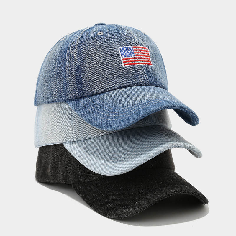 Dad Hat Cotton - Vintage Gewaschene Denim-Baseballkappe mit USA-Flaggen-Stickerei, Verstellbare
