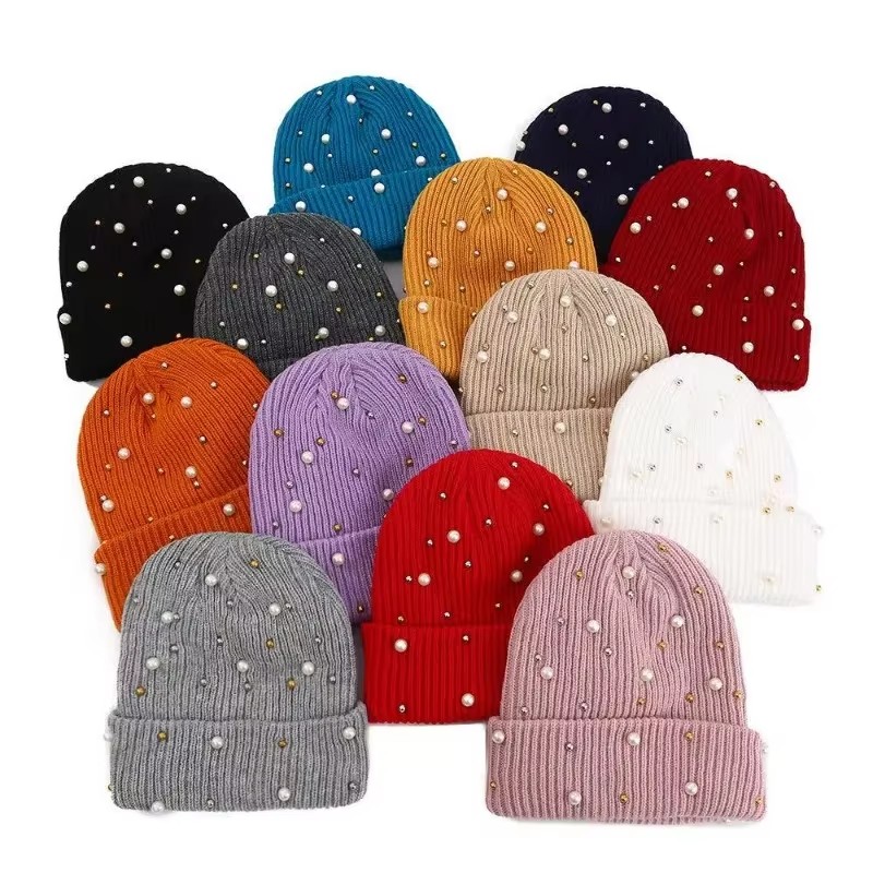 Beanie Cuffed Knit - Damen Wintermütze mit Kunstperlen-Verzierung, Weiche Warme