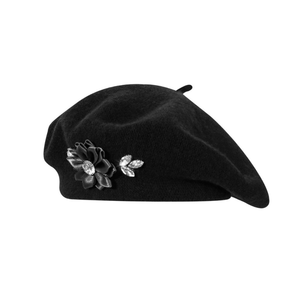 Beret French Wool - Modische Einfarbige Woll-Baskenmütze Kristall-Dekor Weiche Französische